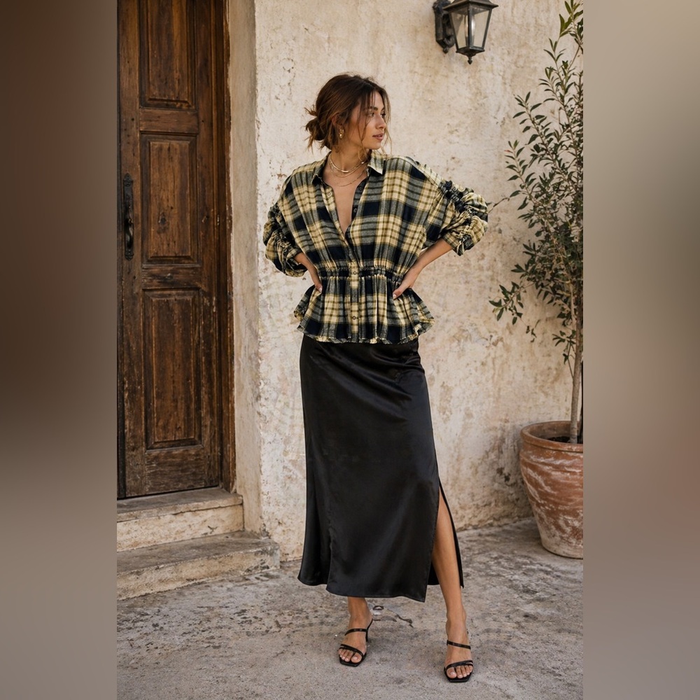 🎄FIRM PRICE🎄 Free people Plaid Ruched-Sleeve Shirt
